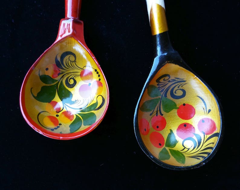 Russian folk art wooden utensils Hand painted spoons