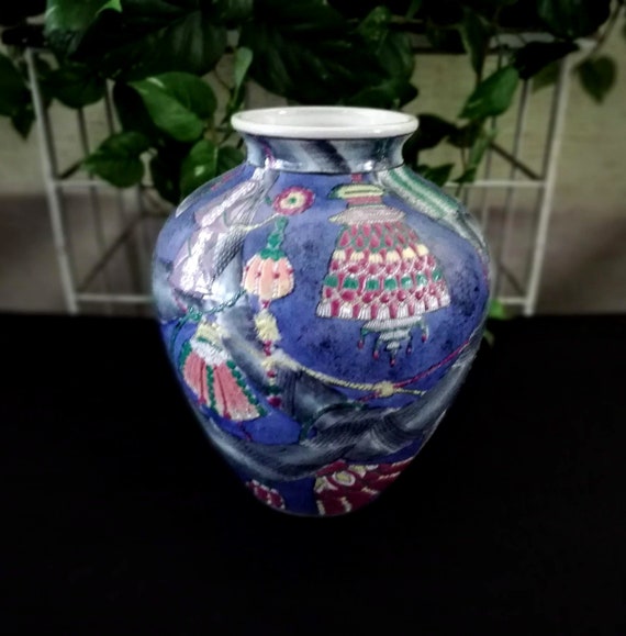 Asian Abstract Vase Large Vintage Blue Ceramic Floor Vase Etsy