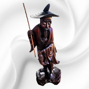 Asian Carved Wooden Fisherman Figurine ~ 14" Statue