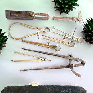 May include: An assortment of antique brass and metal measuring tools, including calipers and dividers, arranged on a light green surface. The tools vary in size and design, showcasing their age and use. Two small succulents are placed on the top and right side of the image.