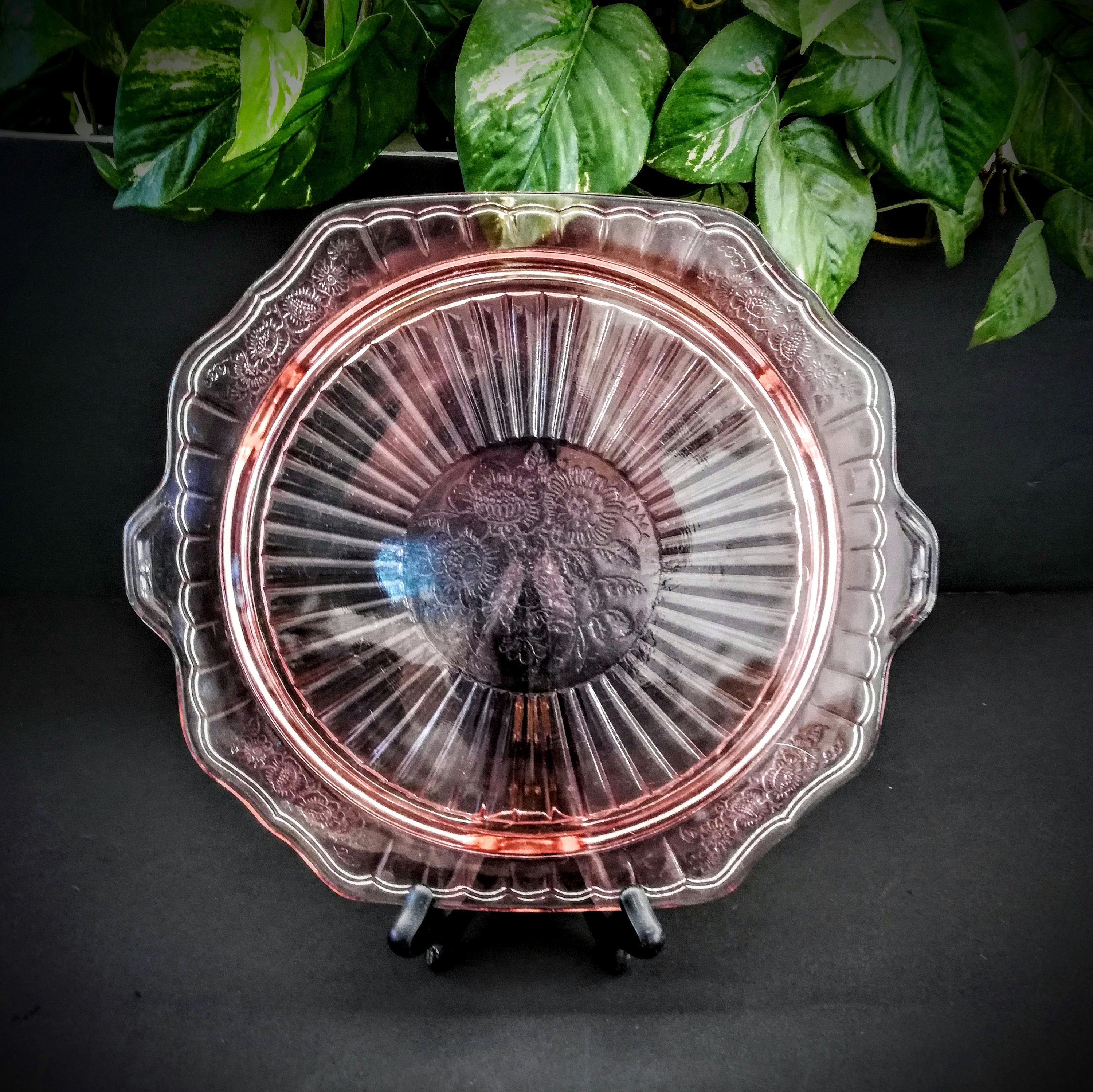 Pink Depression glass Square antique footed plate Etsy