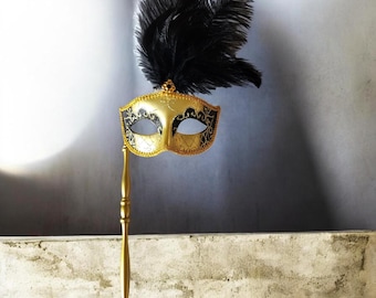 Venetian Style Handheld Masquerade/Mardi Gras Mask with Removable Stick