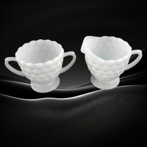 Milk Glass Creamer and Sugar Bowl - White Hobnail Style