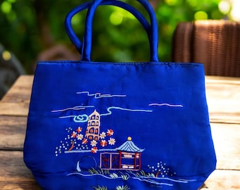 Silk Asian Purse ~ Embroidered Blue Huts and Flowers