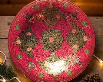Enameled Indian Brass Bowl | Vintage Hand Engraved Mughal Meena Artwork