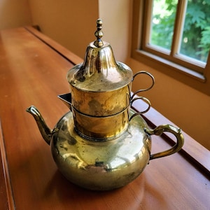 Brass Stackable Teapot with Two Cups & Bell ~ Mid Century Kitchen Decor