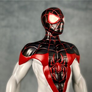May include: A black and red superhero costume with a spider symbol on the chest. The costume has a white under suit and a black mask with red eyes.