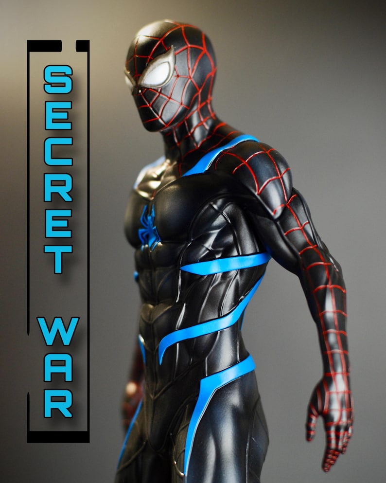 May include: A black and blue superhero figurine with red web detailing. The figure has a spider emblem on the chest and blue accents. The text "SECRET WAR" is displayed vertically on the left side of the image.