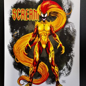 May include: Illustration of the character Scream from Marvel Comics. The figure is depicted in a dynamic pose, with a yellow and red color scheme. The word "SCREAM" is written in yellow letters with a black background.