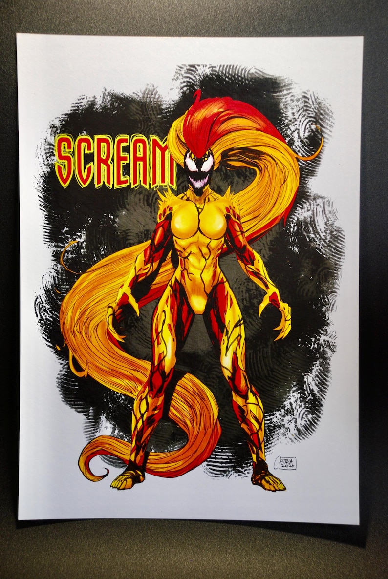 May include: Illustration of the character Scream from Marvel Comics. The figure is depicted in a dynamic pose, with a yellow and red color scheme. The word "SCREAM" is written in yellow letters with a black background.