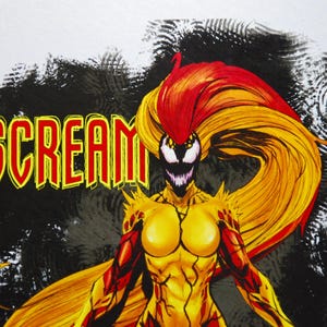 May include: Illustration of the character Scream from Marvel Comics. The artwork features a yellow and red color scheme, with the word "SCREAM" in bold letters. The character has long, flowing hair and a menacing expression.