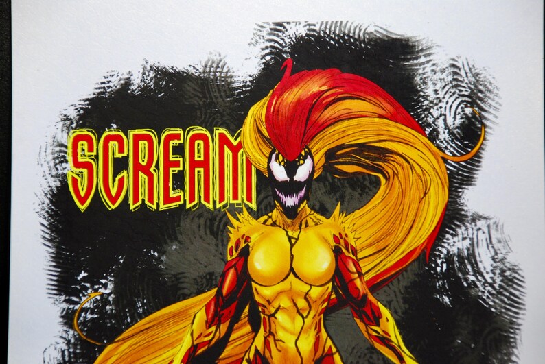 May include: Illustration of the character Scream from Marvel Comics. The artwork features a yellow and red color scheme, with the word "SCREAM" in bold letters. The character has long, flowing hair and a menacing expression.
