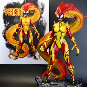 May include: A detailed figurine of the character Scream from Marvel Comics, featuring a yellow and red bodysuit with long, flowing hair. The figure stands on a rocky base, with a matching illustration in the background. The word "SCREAM" is visible on the illustration.