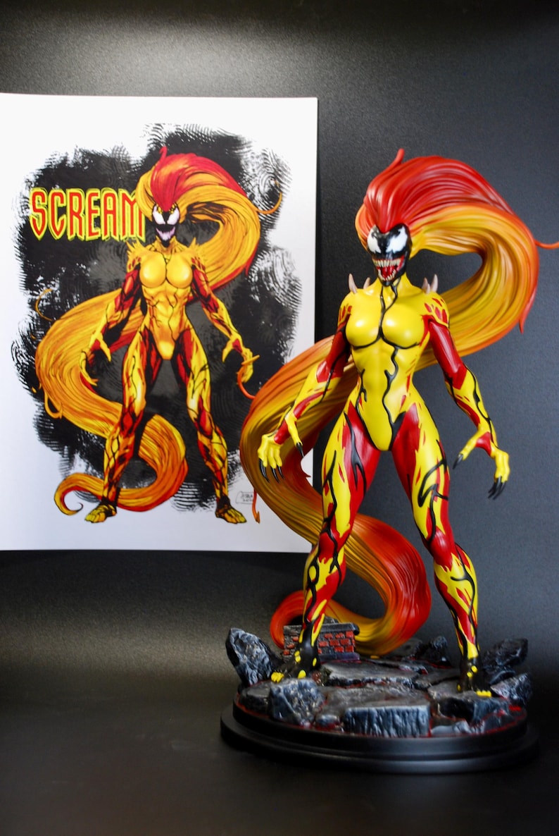 May include: A detailed figurine of the character Scream from Marvel Comics, featuring a yellow and red bodysuit with long, flowing hair. The figure stands on a rocky base, with a matching illustration in the background. The word "SCREAM" is visible on the illustration.