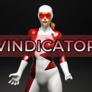 May include: A figurine of a character in a red and white costume with the word "Vindicator" in a red banner across the front. The character wears a white helmet, red goggles, and has red hair. The costume has a white star design.