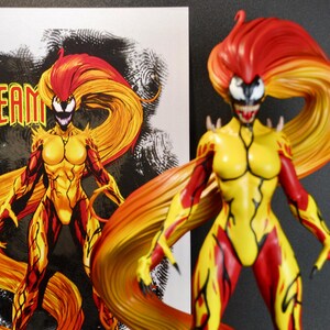 May include: A Scream action figure with a yellow and red color scheme, featuring long, flowing hair. The figure is posed next to a print of the character with the word "SCREAM" in bold letters.