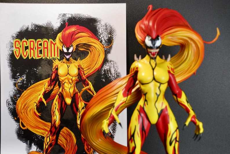 May include: A Scream action figure with a yellow and red color scheme, featuring long, flowing hair. The figure is posed next to a print of the character with the word "SCREAM" in bold letters.