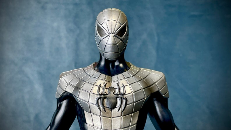 May include: A silver and black Spider-Man costume with a textured, metallic finish. The costume features a black spider logo on the chest.