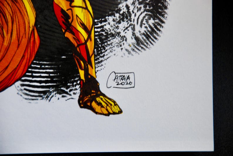 May include: Illustration of a leg and foot in shades of yellow, orange, and red, with black accents. The artwork is signed "ATRAIA 2020" in a small rectangle. The style appears to be comic book or graphic novel art.