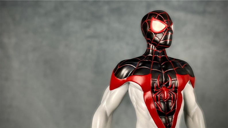 May include: A black and red superhero costume with a spider symbol on the chest. The costume has a white under suit and a black mask with red eyes.