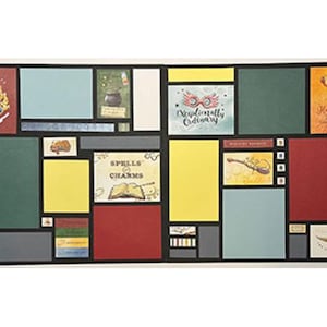 May include: A colorful collage of Harry Potter themed images, including the Hogwarts crest, a cauldron, a pair of glasses, a dragon, a book, and a wand. The images are arranged in a grid pattern with black borders.