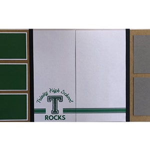May include: A scrapbook page with a green, brown, and white color scheme. The page has three green squares with brown borders and a white square with the text "Trinity High School" and a large green "T" with the text "Rocks" below it.