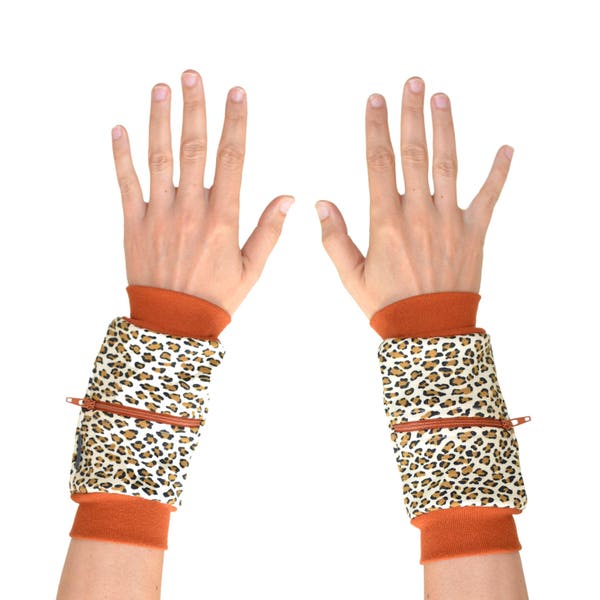 Wrist Zips | Wrist Wallet Cuffs | Natural Brown, Cream, Black, Orange | Wild Animal Cheetah Print