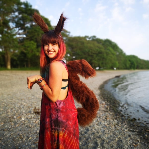 Squirrel Ears and Tail, Red Grey Brown Squirrel Costume Set, Fluffy Giant Curly Animal Tail, Fancy dress Squirrel Girl