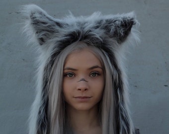 Grey Wolf Hood, Animal Spirit Costume, Faux Fur