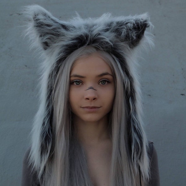 Grey Wolf Hood, Animal Spirit Costume, Faux Fur