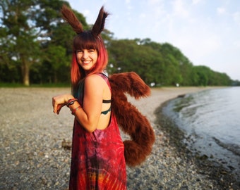 Squirrel Ears and Tail, Red Grey Brown Squirrel Costume Set, Fluffy Giant Curly Animal Tail, Fancy dress Squirrel Girl