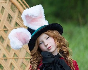 Rabbit Top Hat, March Hare Wired Furry Ears, Alice in Wonderland, Animal Festival Costume