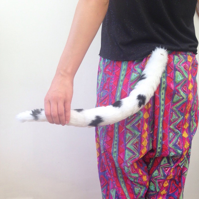 May include: A person wearing colorful pants with a black and white furry tail attached to the back.