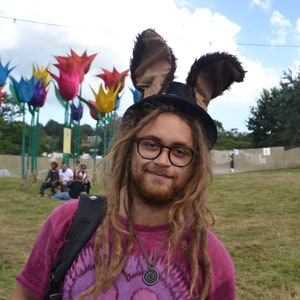 May include: A person with long brown dreadlocks wearing a pink and purple tie-dye shirt and a black top hat with brown bunny ears. The person is wearing round glasses and has a beard.
