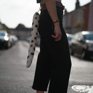 May include: A person wearing black pants and a cropped top with a white and black spotted tail attached to their belt.