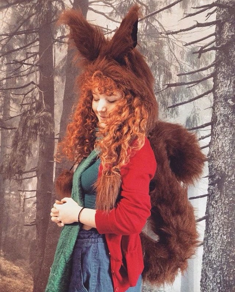 Squirrel Ears and Tail, Red Grey Brown Squirrel Costume Set, Fluffy Giant Curly Animal Tail, Fancy dress Squirrel Girl image 5