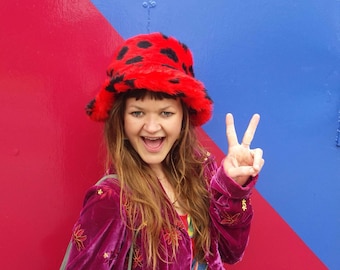 Fluffy Spotty Hat, Ladybird Festival Bucket-hat, Red and Black Faux Fur Top Hat