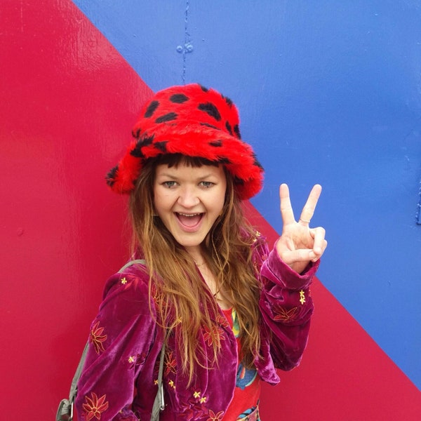 Fluffy Spotty Hat, Ladybird Festival Bucket-hat, Red and Black Faux Fur Top Hat