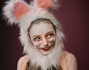 White Rabbit Costume, Bunny Hood, Faux Fur Ears, Fluffy Animal Hat