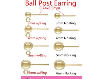 14K Yellow Gold Filled Ball Post Earrings 0.74x8.5mm Ear Post 3/4/5/6mm Ear Stud  Wholesale Bulk DIY Jewelry Findings 1/20 14kt GF