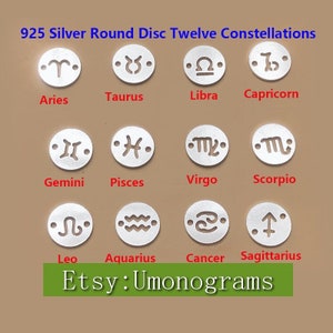 Disco redondo de plata de ley 925 con doce constelaciones con 2 orificios de 0,5 mm de grosor, dije tallado hueco de 12 constelaciones, hecho en EE. UU., venta al por mayor
