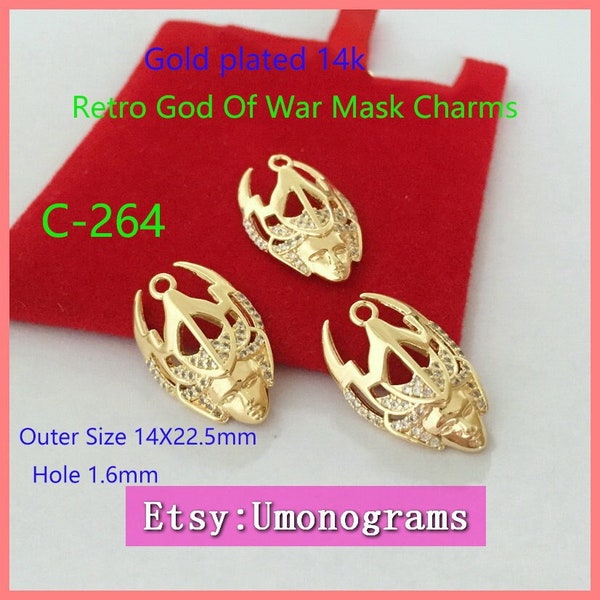 Brass With Gold Plated 14K Retro God Of War Mask Charms Paved Drop Pendant E-Coated Jewelry Findings Wholesale GP (#C-264)