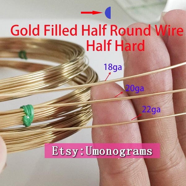 14K Yellow Gold Filled Half Round Wire Half Hard 22/20/18ga (0.64/0.81/1.02mm) Wholesale BULK DIY Permanent Jewelry Findings 1/20 14kt GF
