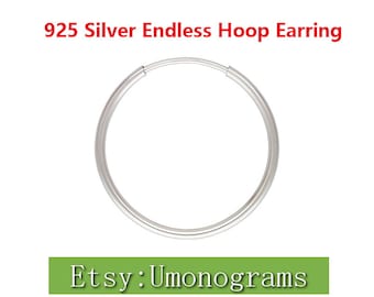 925 Sterling Silver Endless Hoop Earring 10/12/14/16/20/24/30/38/50/65mm Round Loop Ear Components, Made In USA, Wholesale Jewelry Findings