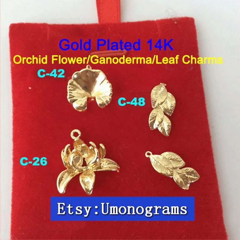 Brass With Gold Plated 14K Orchid FlowerGanodermaLeaf Charms Drop Pendant E-Coated Jewelry Findings Wholesale GP #C-26C-42C-48