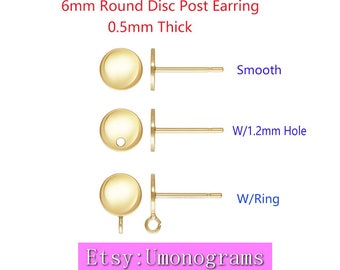 14-karatowe żółte złoto wypełnione 6 mm okrągłymi kolczykami w kształcie dysku, hurtowe, DIY, elementy biżuterii 1/20 14-karatowe GF