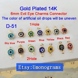 Latón con oro plateado 14K 6mm Mal Eye Charms o w/2 agujeros colgantes de protección del conector Drop E-coated Jewelry Findings Wholesale GP (#D-51)