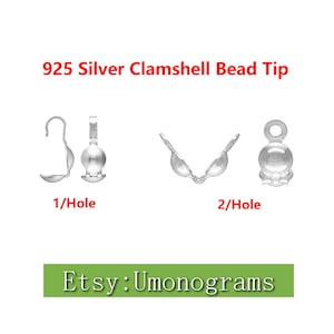 May include: Two silver clamshell bead tips, one with a single hole and the other with two holes. The bead tips are used for finishing jewellery pieces.