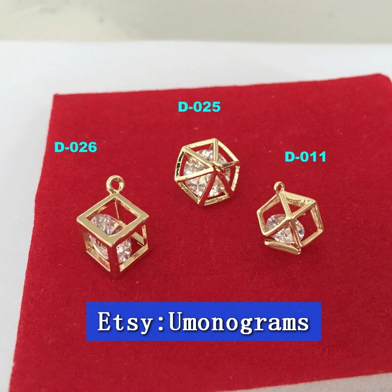 Brass With Gold Plated 14K LanternDiamondSquare Shape Charms White Cz Stone Inside Drop Pendant E-Coated Wholesale GP #D-011,D-025,D-026