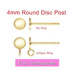 Könnte beinhalten: Zwei goldene 4 mm runde Ohrstecker. Der obere Stecker ist ohne Ring dargestellt, der untere Stecker mit einem offenen Ring. Der Text "No Ring" befindet sich unter dem oberen Stecker, der Text "w/Open Ring" unter dem unteren Stecker. Der Text "Etsy: Umonograms" befindet sich am unteren Rand des Bildes.
